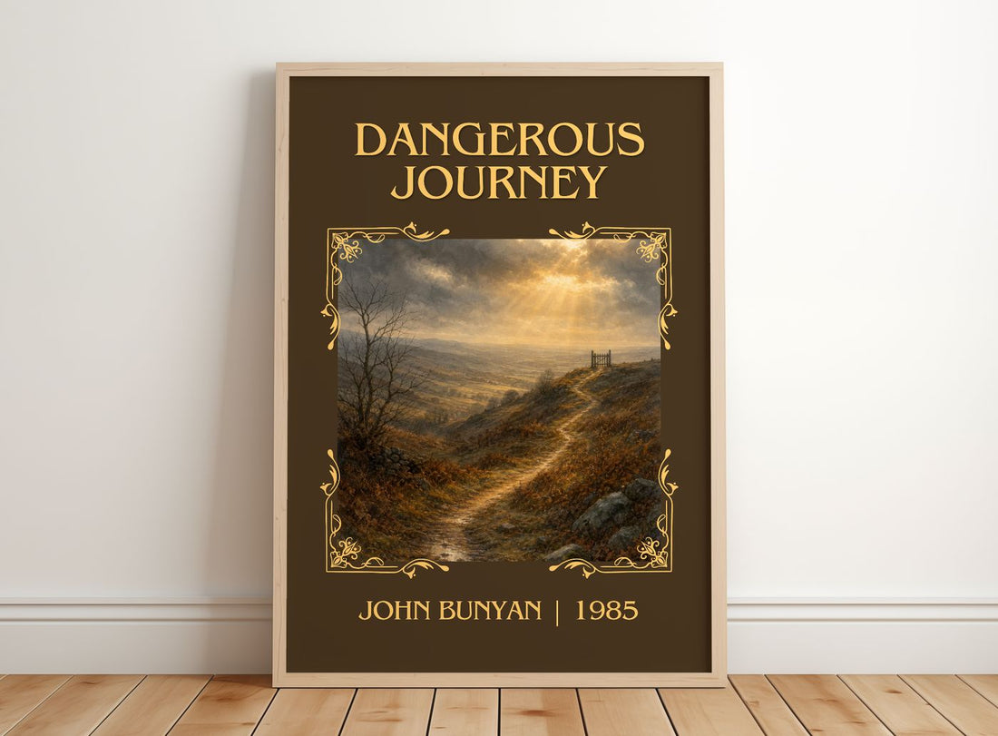 Dangerous journey Classic Book Art Print by John Bunyan – framed print leaning on a wooden floor