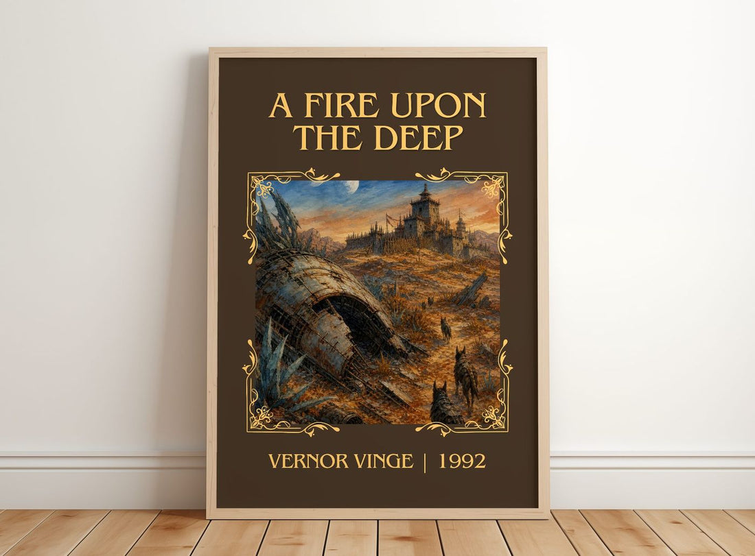 A Fire upon the Deep Classic Book Art Print by Vernor Vinge – framed print leaning on a wooden floor