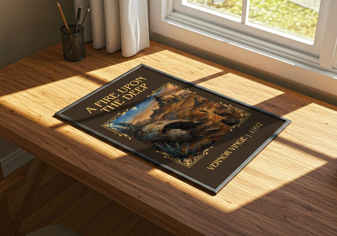 A Fire upon the Deep Classic Book Art Print by Vernor Vinge – print on a sunlit desk