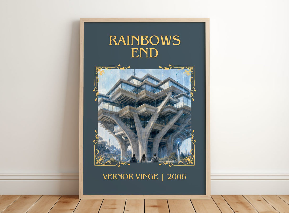 Rainbows End Classic Book Art Print by Vernor Vinge – framed print leaning on a wooden floor