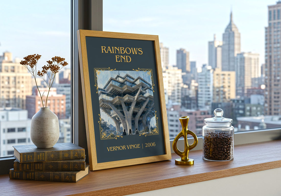 Rainbows End Classic Book Art Print by Vernor Vinge – framed print on a city-view windowsill