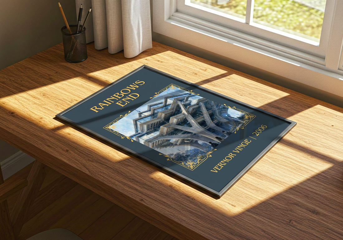 Rainbows End Classic Book Art Print by Vernor Vinge – print on a sunlit desk