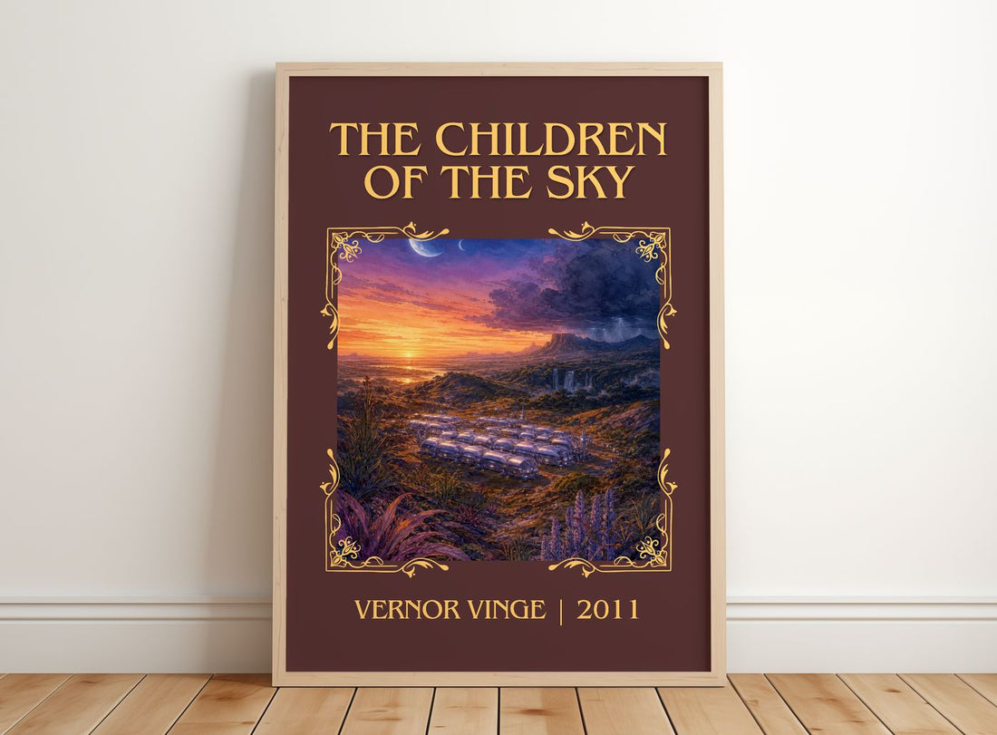 The children of the sky Classic Book Art Print by Vernor Vinge – framed print leaning on a wooden floor