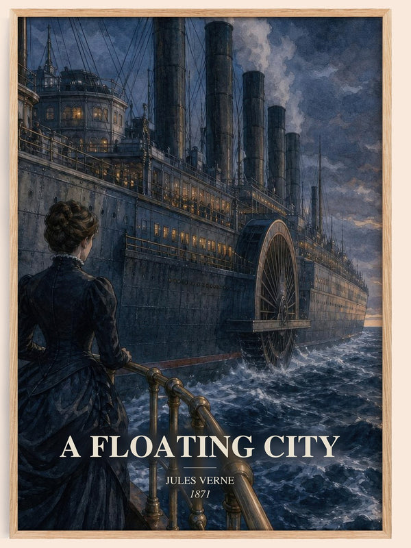 A Floating City watercolour book poster by Jules Verne – framed literary art print