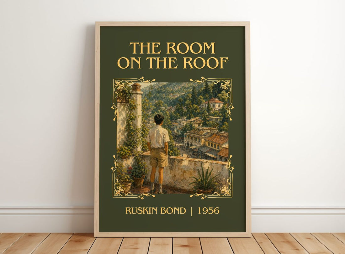 The Room On The Roof Classic Book Art Print by Ruskin Bond – framed print leaning on a wooden floor
