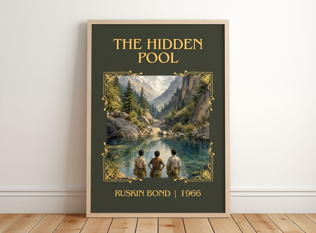 The Hidden Pool Classic Book Art Print by Ruskin Bond – framed print leaning on a wooden floor