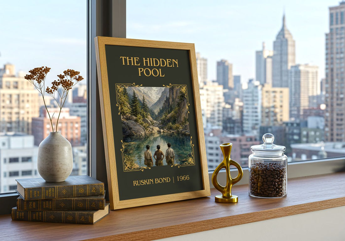 The Hidden Pool Classic Book Art Print by Ruskin Bond – framed print on a city-view windowsill