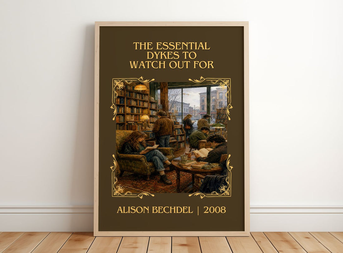 Essential Dykes to Watch Out For Classic Book Art Print by A. Bechdel – framed print leaning on a wooden floor