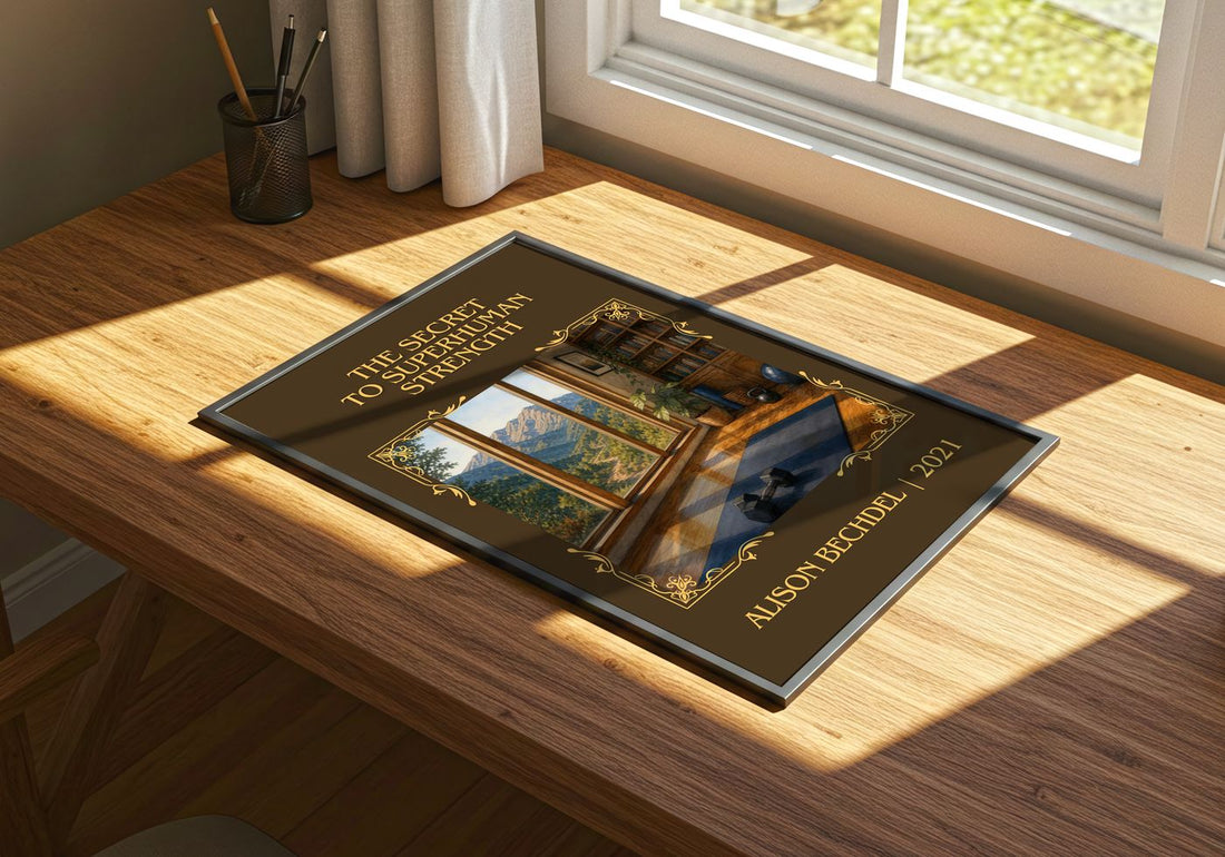 Secret to Superhuman Strength Classic Book Art Print by Alison Bechdel – print on a sunlit desk