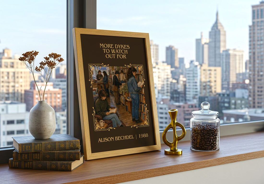 More dykes to watch out for Classic Book Art Print by Alison Bechdel – framed print on a city-view windowsill