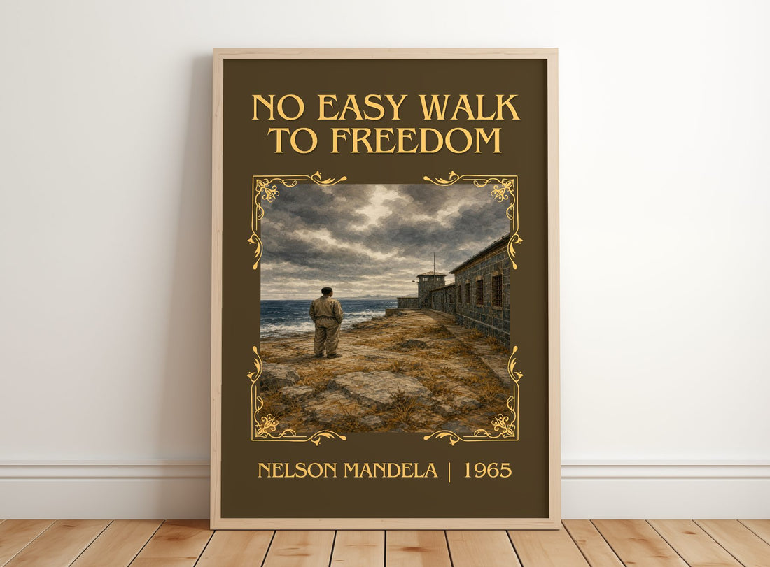 No Easy Walk to Freedom Classic Book Art Print by Nelson Mandela – framed print leaning on a wooden floor