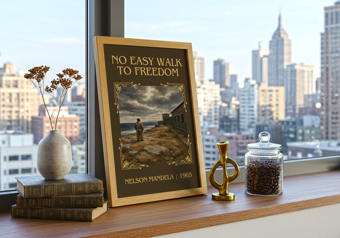 No Easy Walk to Freedom Classic Book Art Print by Nelson Mandela – framed print on a city-view windowsill