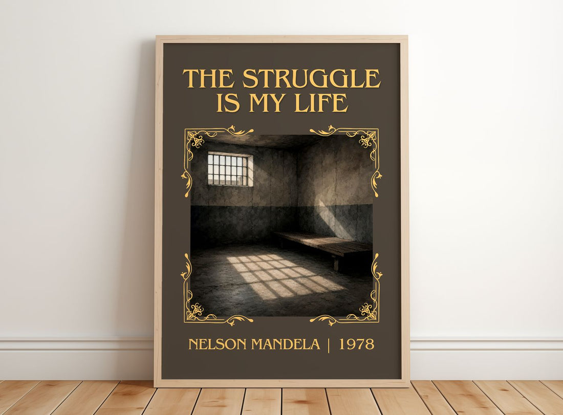 The Struggle Is My Life Classic Book Art Print by Nelson Mandela – framed print leaning on a wooden floor