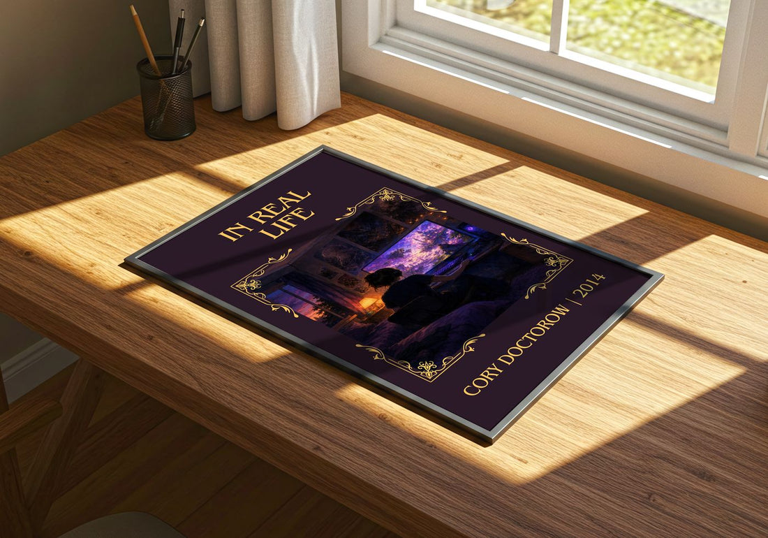 In Real Life Classic Book Art Print by Cory Doctorow – print on a sunlit desk