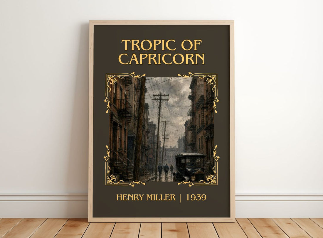Tropic of Capricorn Classic Book Art Print by Henry Miller – framed print leaning on a wooden floor