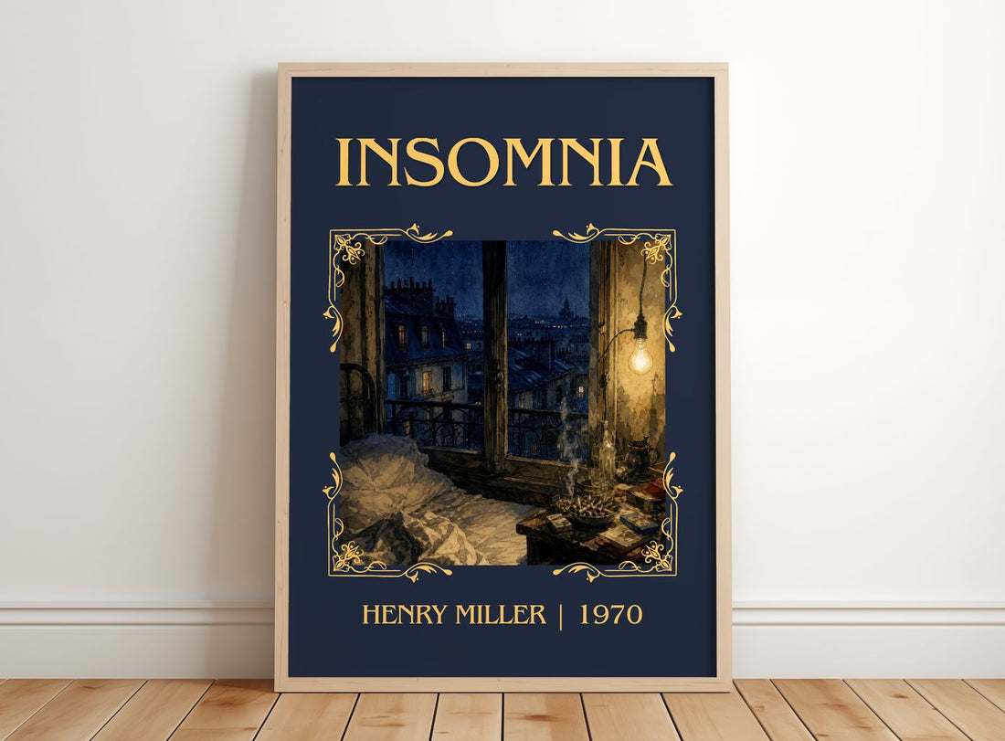 Insomnia Classic Book Art Print by Henry Miller – framed print leaning on a wooden floor