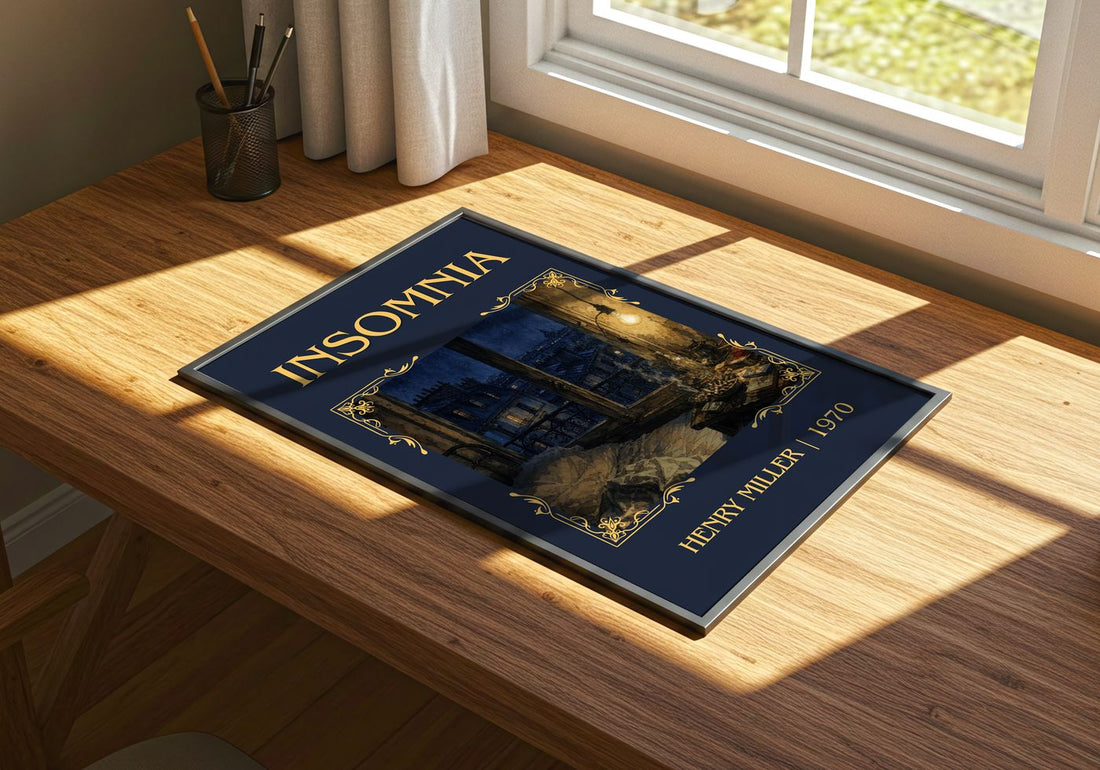Insomnia Classic Book Art Print by Henry Miller – print on a sunlit desk