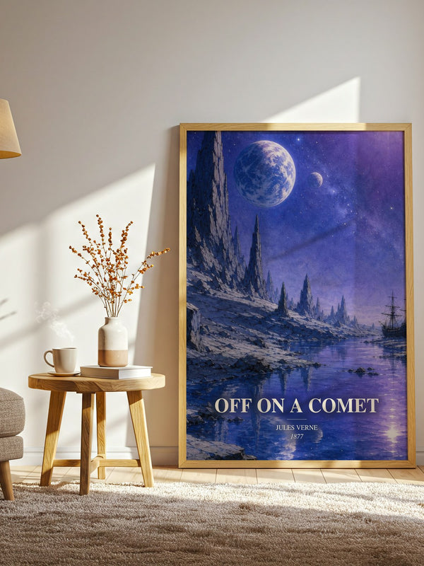Off On A Comet watercolour print in frame leaning in hallway – sci fi wall art