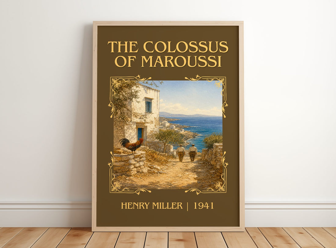 The Colossus of Maroussi Classic Book Art Print by Henry Miller – framed print leaning on a wooden floor