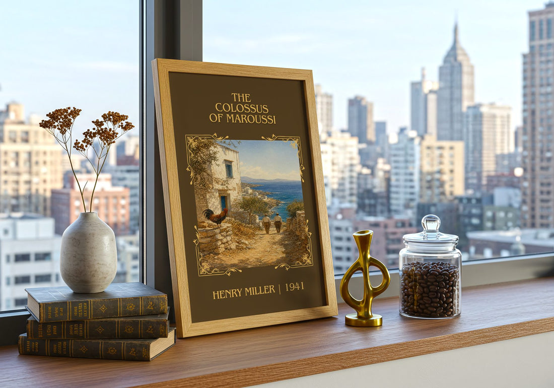 The Colossus of Maroussi Classic Book Art Print by Henry Miller – framed print on a city-view windowsill