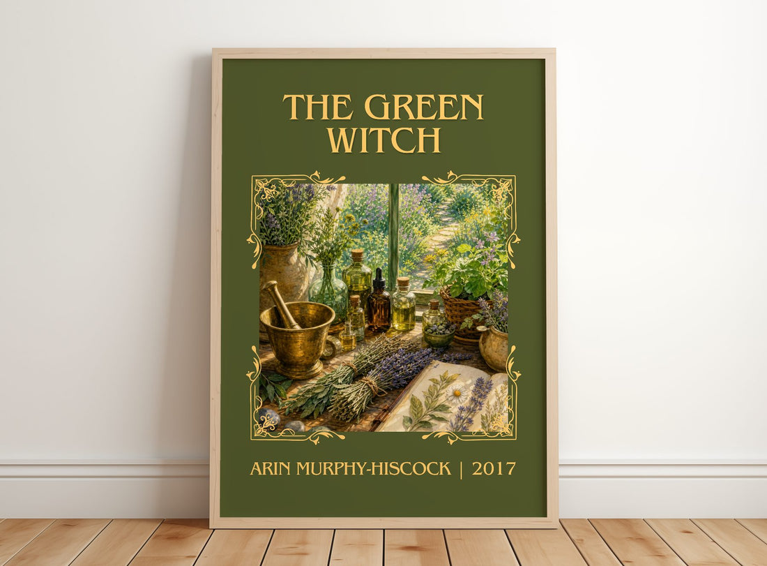 The Green Witch Classic Book Art Print by Arin Murphy-Hiscock – framed print leaning on a wooden floor