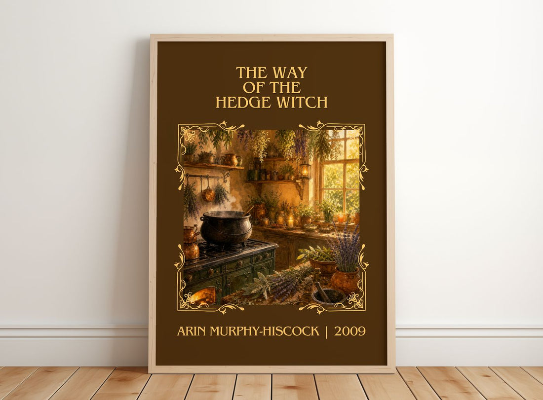 Way of the Hedge Witch Classic Book Art Print by Arin Murphy-Hiscock – framed print leaning on a wooden floor