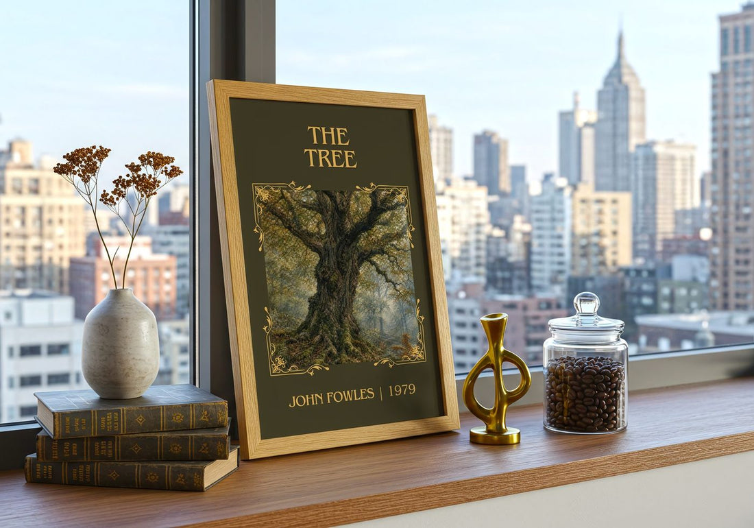 The tree Classic Book Art Print by John Fowles – framed print on a city-view windowsill