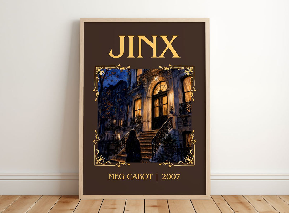 Jinx Classic Book Art Print by Meg Cabot – framed print leaning on a wooden floor