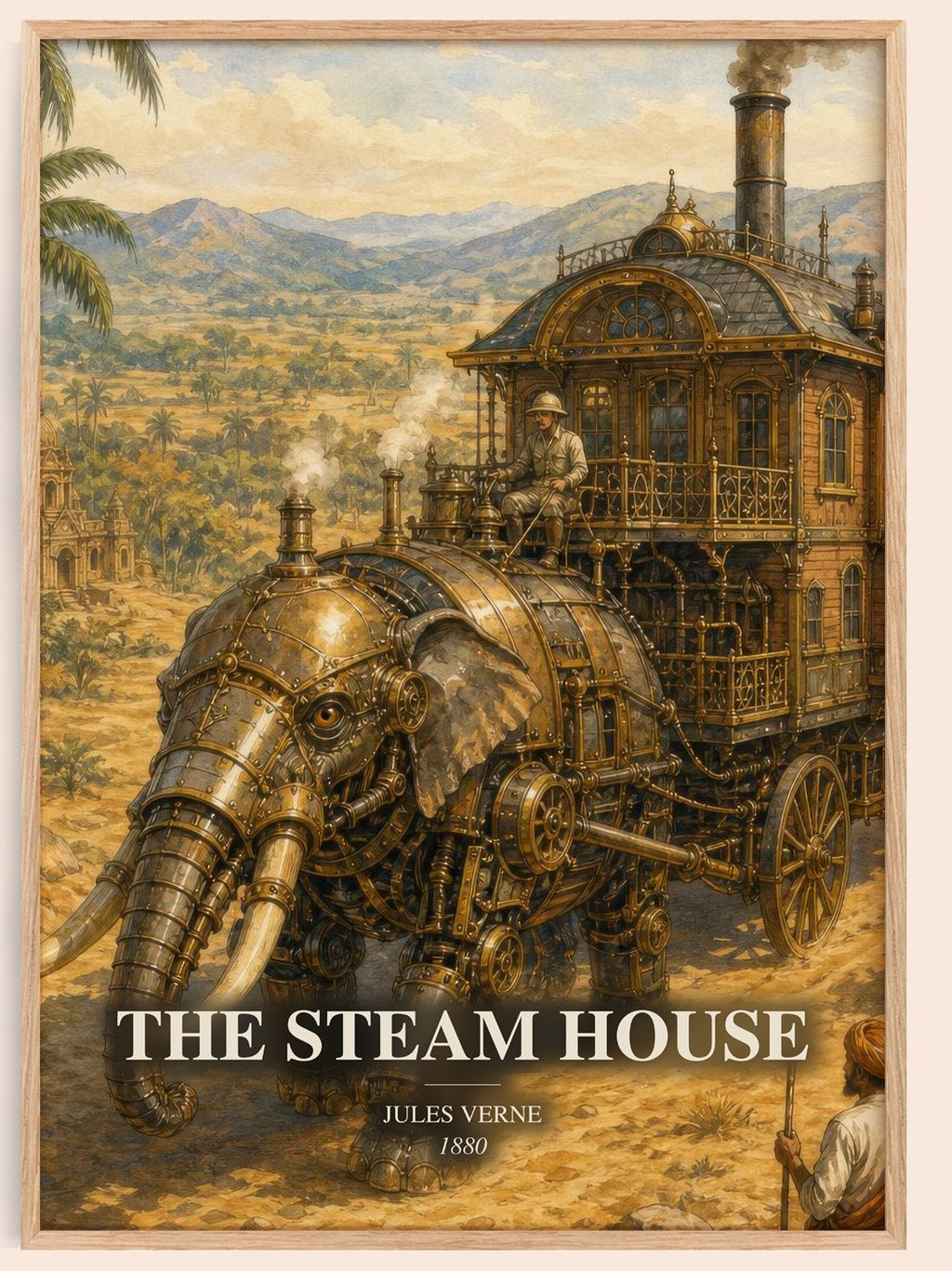 The Steam House watercolour book poster by Jules Verne – framed literary art print