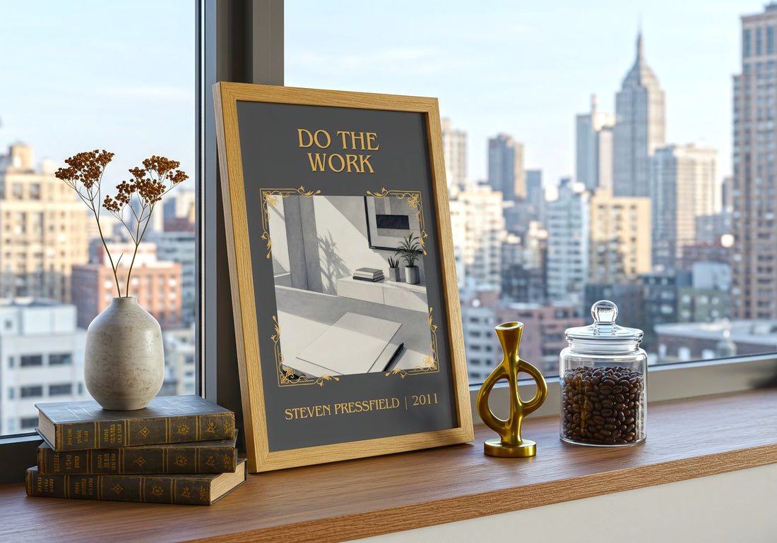 Do the Work Classic Book Art Print by Steven Pressfield – framed print on a city-view windowsill