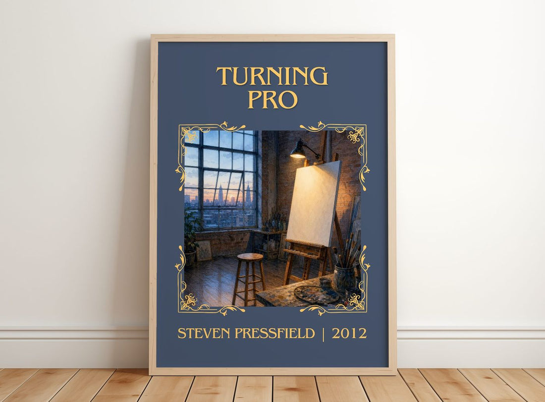 Turning pro Classic Book Art Print by Steven Pressfield – framed print leaning on a wooden floor