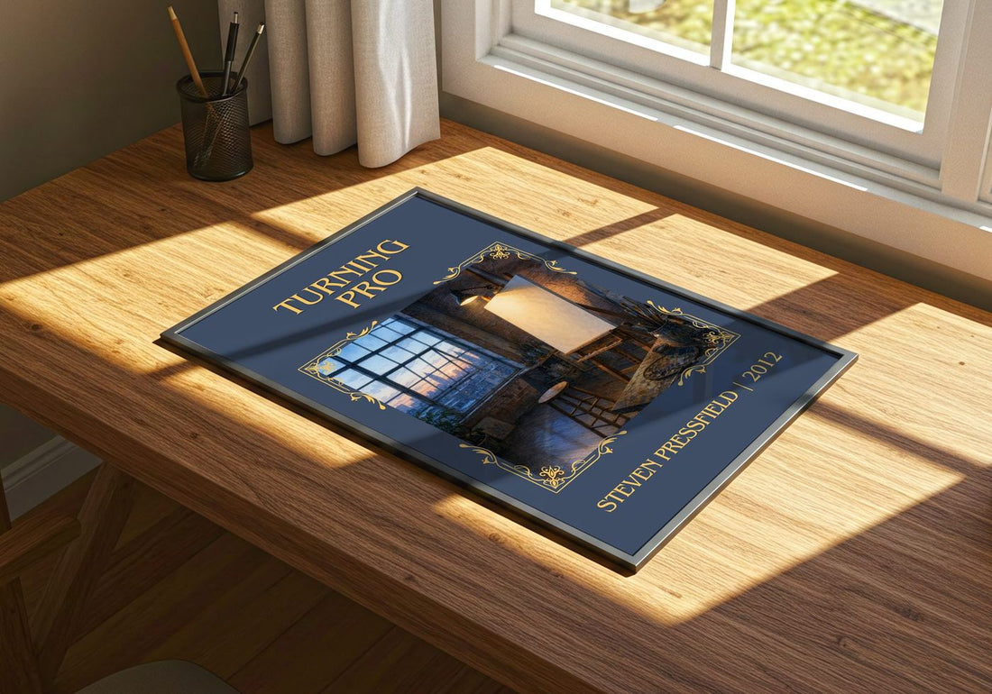 Turning pro Classic Book Art Print by Steven Pressfield – print on a sunlit desk