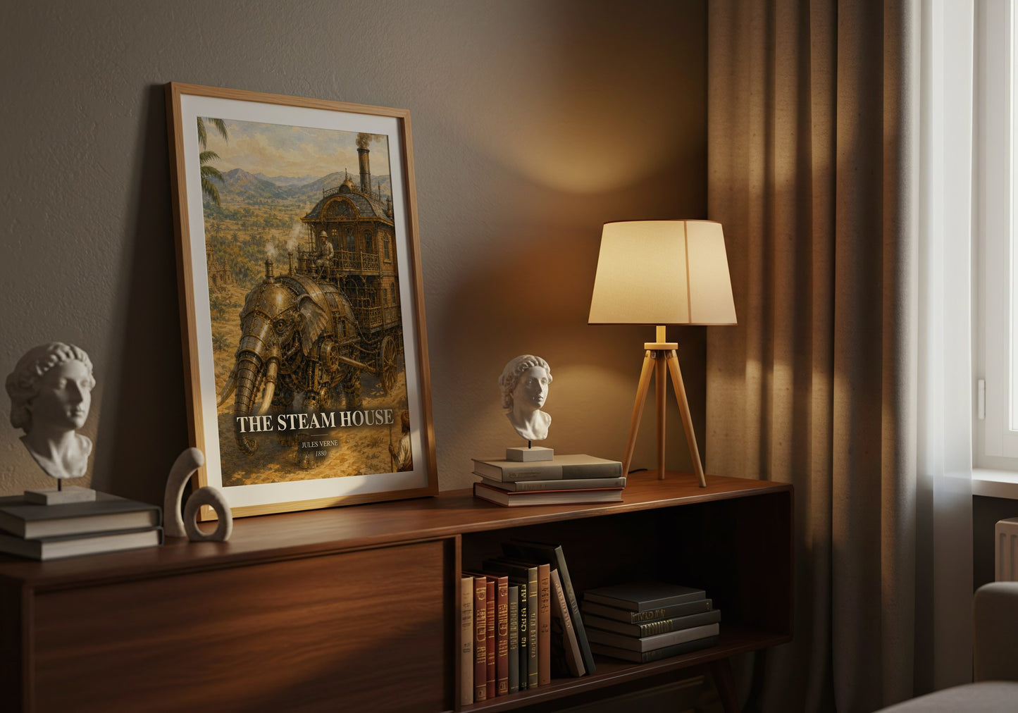 The Steam House watercolour print on bookshelf – Jules Verne fan gift