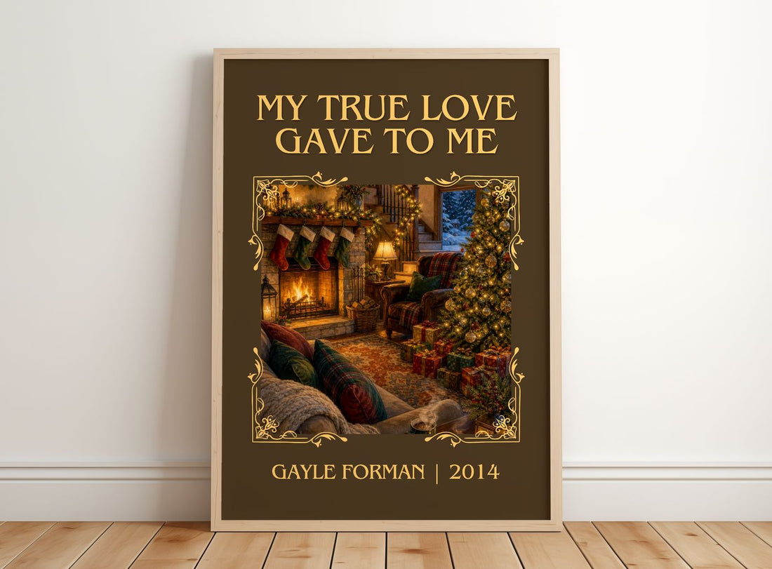 My True Love Gave to Me Classic Book Art Print by Gayle Forman – framed print leaning on a wooden floor