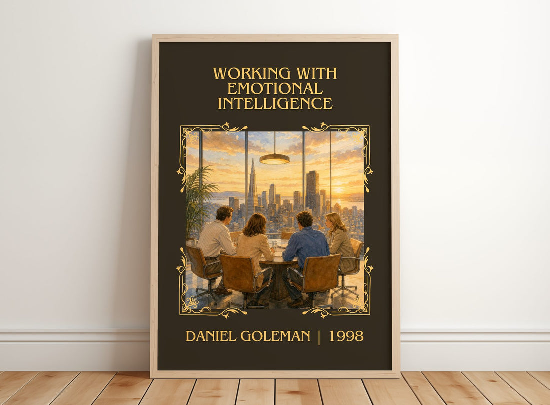 Working with Emotional Intelligence Classic Book Art Print by Daniel Goleman – framed print leaning on a wooden floor