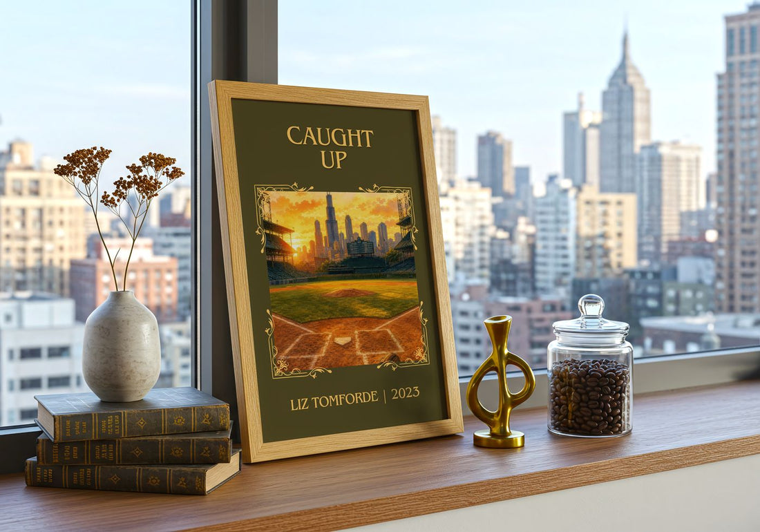 Caught Up Classic Book Art Print by Liz Tomforde – framed print on a city-view windowsill
