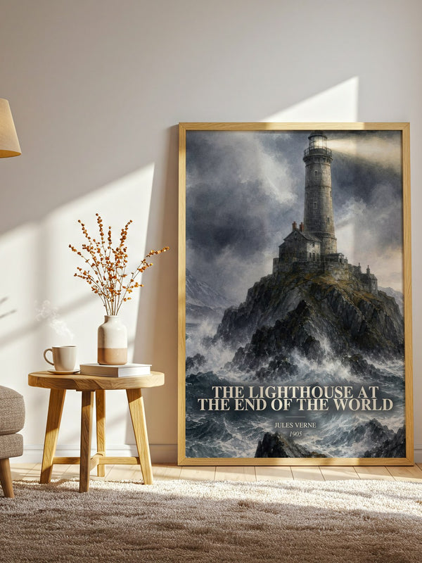 The Lighthouse At The End Of The World watercolour print in frame leaning in hallway – adventure wall art