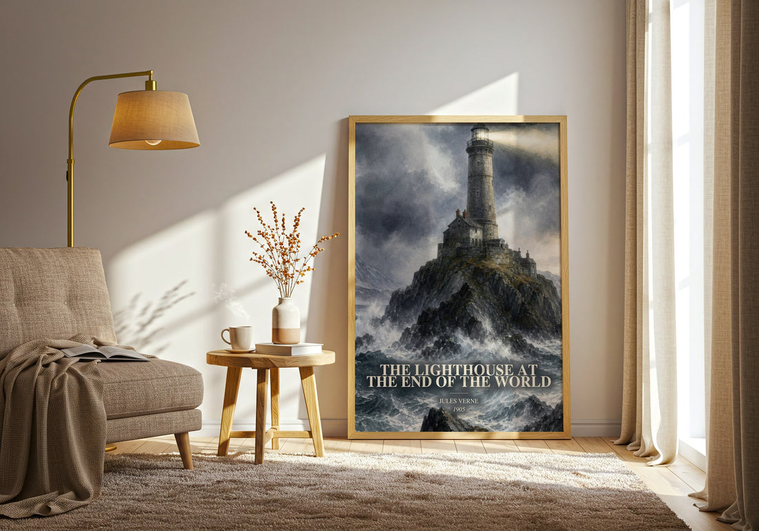 The Lighthouse At The End Of The World watercolour print in frame leaning in hallway – adventure wall art (mockup)