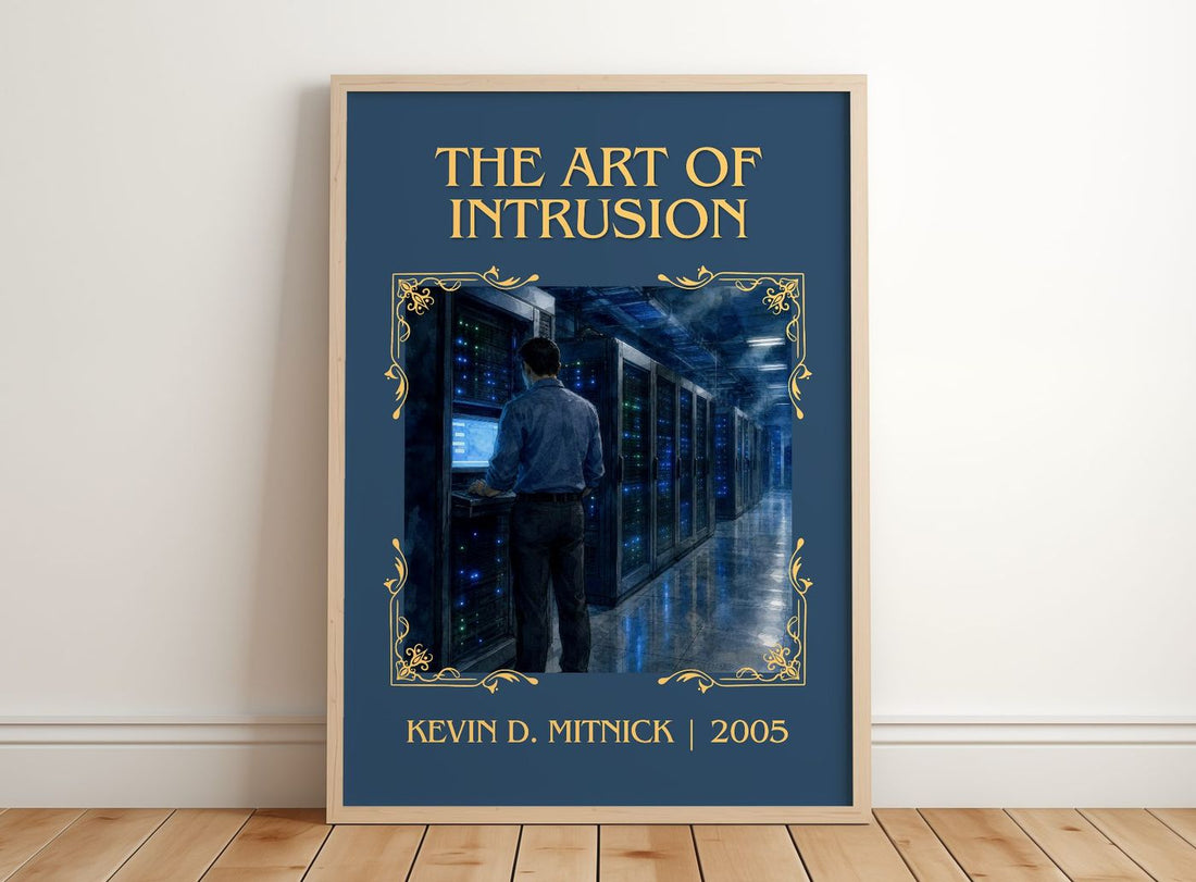 The Art of Intrusion Classic Book Art Print by Kevin D. Mitnick – framed print leaning on a wooden floor