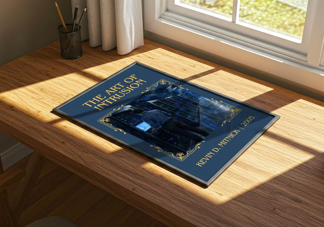 The Art of Intrusion Classic Book Art Print by Kevin D. Mitnick – print on a sunlit desk