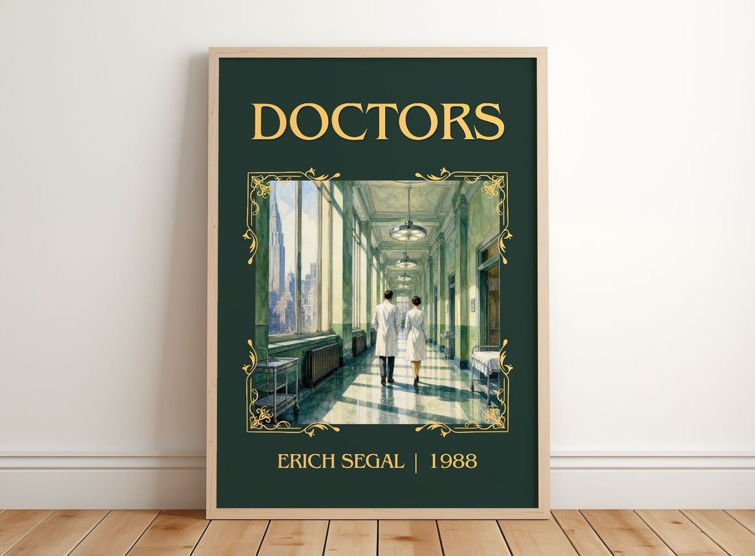 Doctors Classic Book Art Print by Erich Segal – framed print leaning on a wooden floor