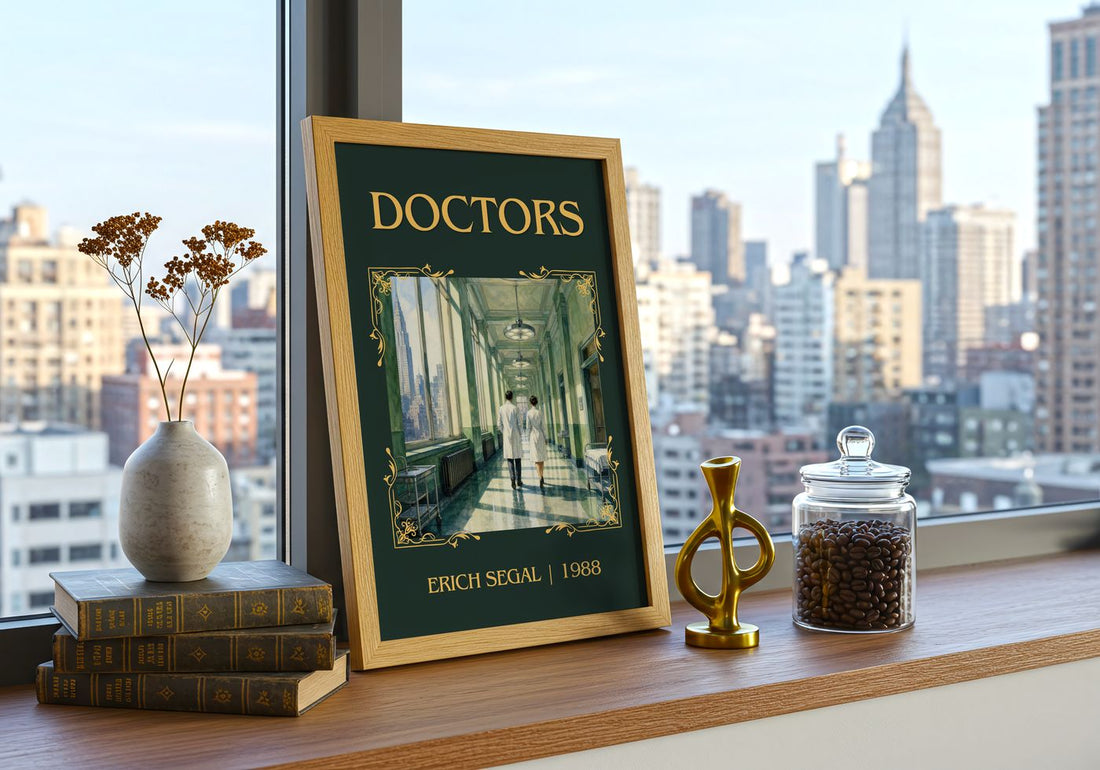 Doctors Classic Book Art Print by Erich Segal – framed print on a city-view windowsill