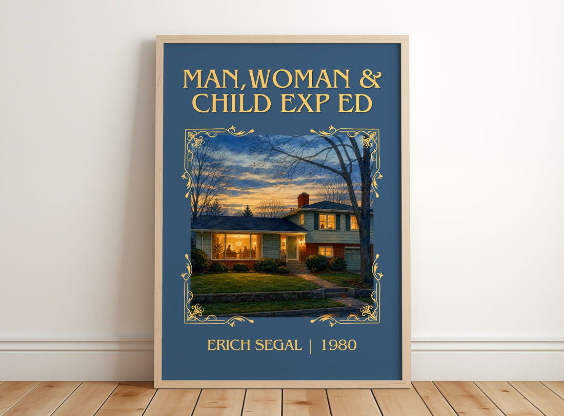 Man,woman & Child Exp Ed Classic Book Art Print by Erich Segal – framed print leaning on a wooden floor