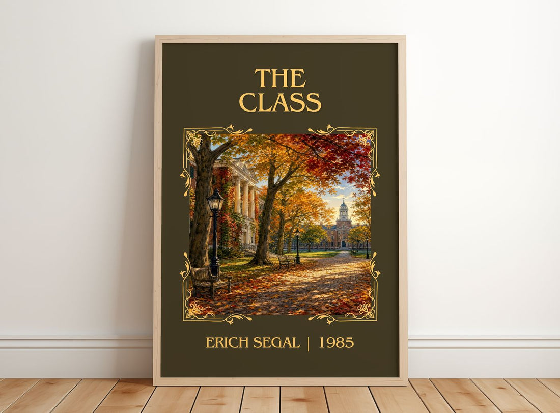 The class Classic Book Art Print by Erich Segal – framed print leaning on a wooden floor