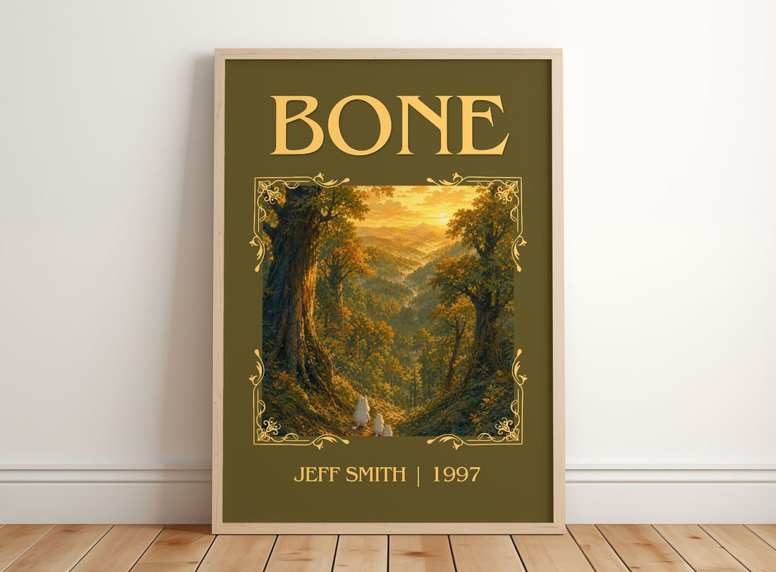 Bone Classic Book Art Print by Jeff Smith – framed print leaning on a wooden floor