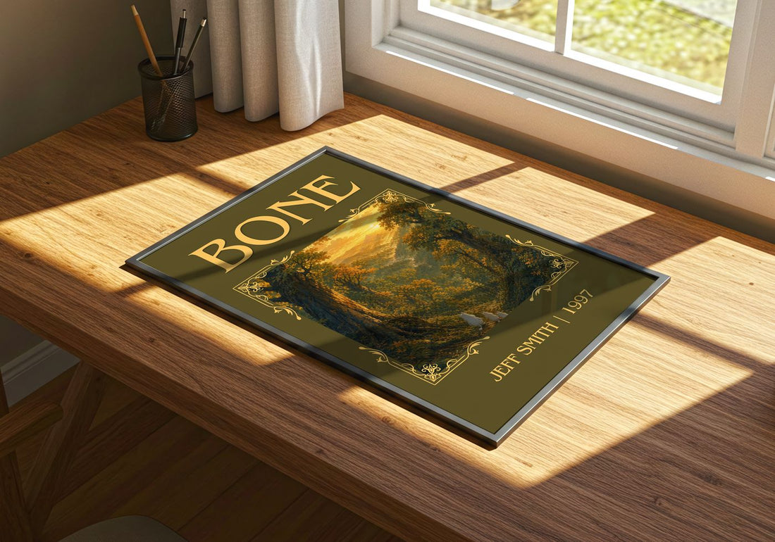 Bone Classic Book Art Print by Jeff Smith – print on a sunlit desk