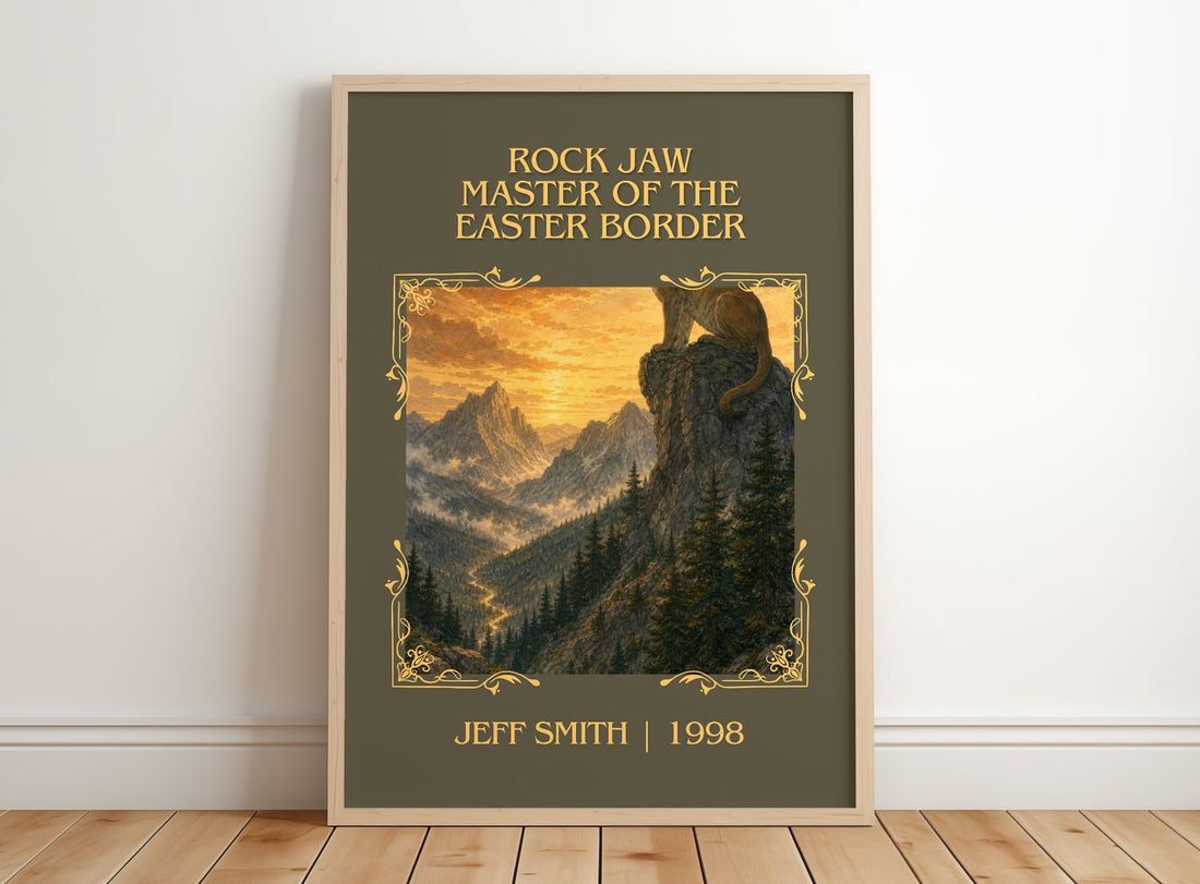 Rock Jaw Master of the Easter Border Classic Book Art Print by Jeff Smith – framed print leaning on a wooden floor