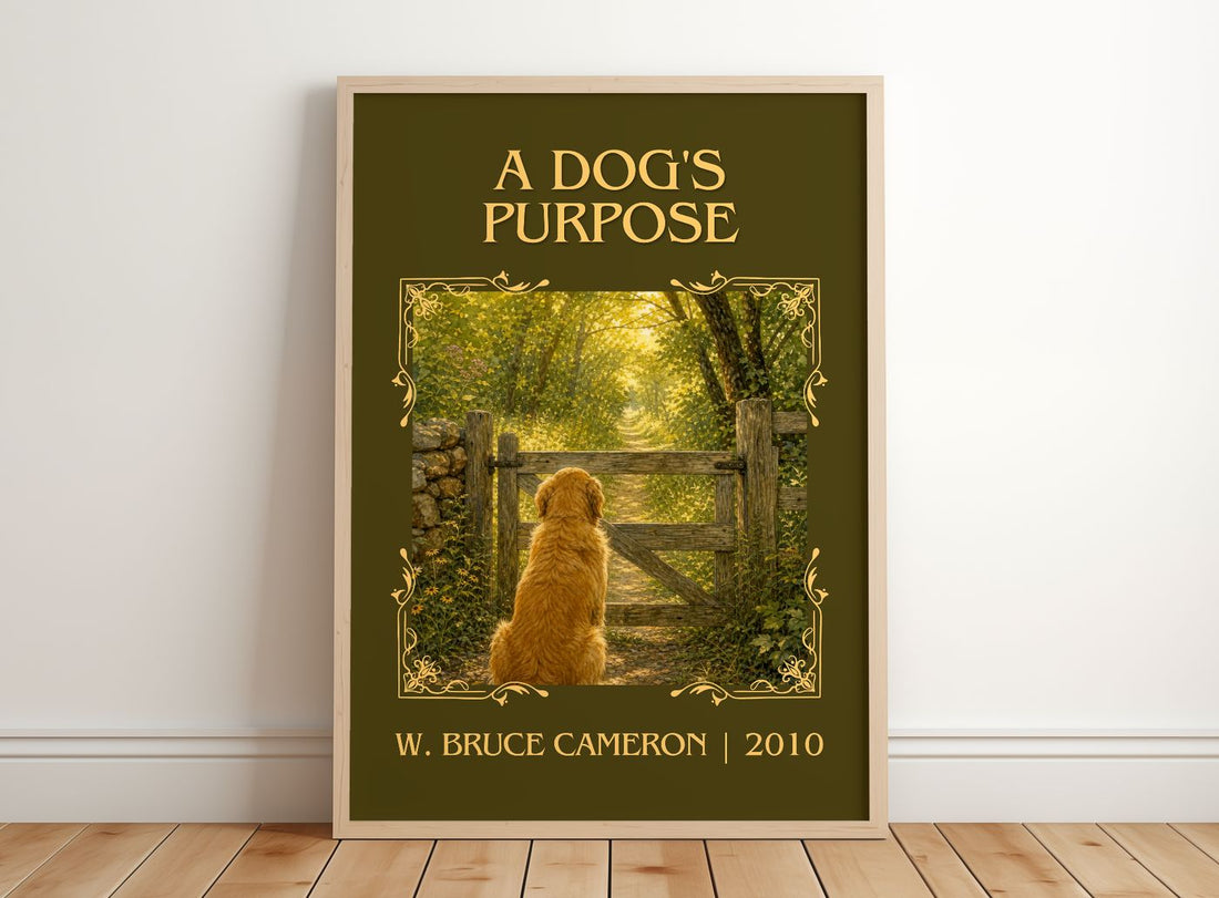 A Dog's Purpose Classic Book Art Print by W. Bruce Cameron – framed print leaning on a wooden floor