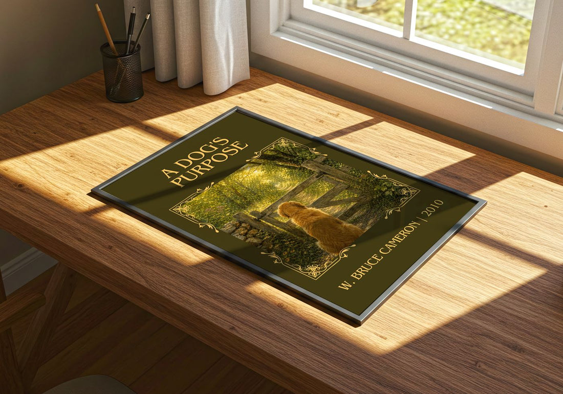 A Dog's Purpose Classic Book Art Print by W. Bruce Cameron – print on a sunlit desk