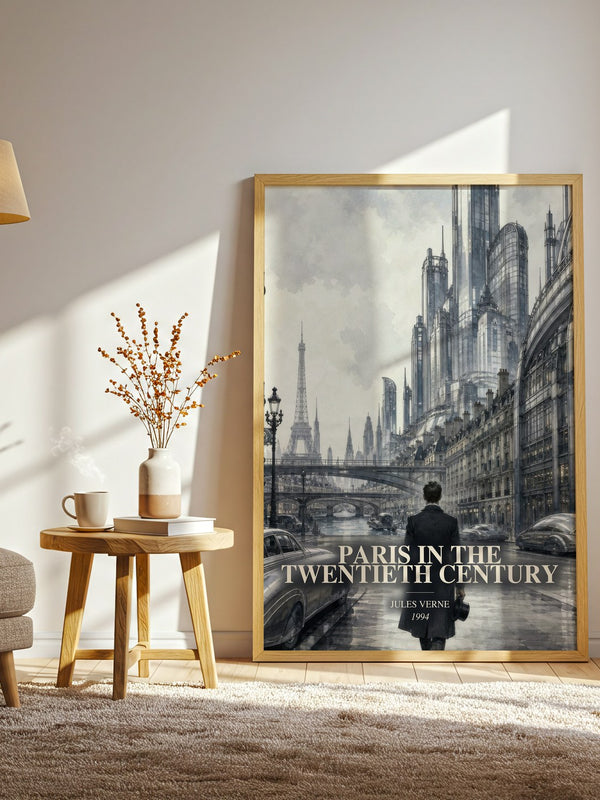 Paris In The Twentieth Century watercolour print in frame leaning in hallway – sci fi wall art